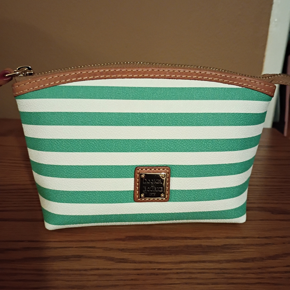Dooney & Bourke Mint Green and White Striped Cosmetic Bag. Brand New. Never Used